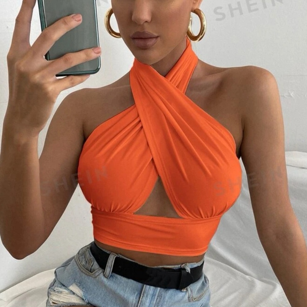 SHEIN Solid Orange Color Hollow Out Halter Neck Tank Top